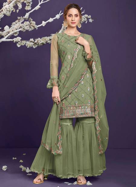 Green Colour Latest Heavy Festive Wear Butterfly Net With Embroidered Sharara Collection 2023-D